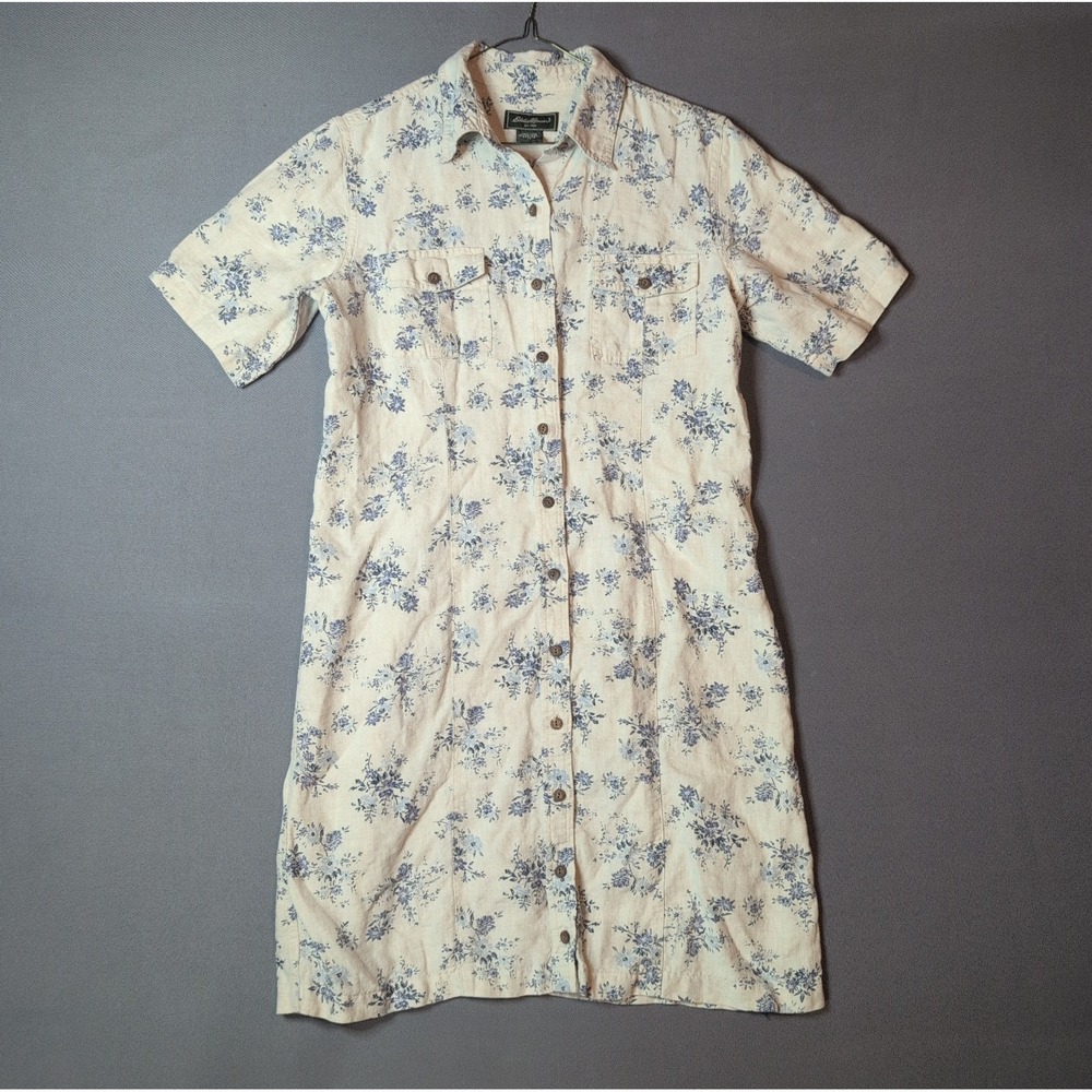 Eddie Bauer Linen Shirt Dress Womens Petite Medium White Blue Floral Button Down